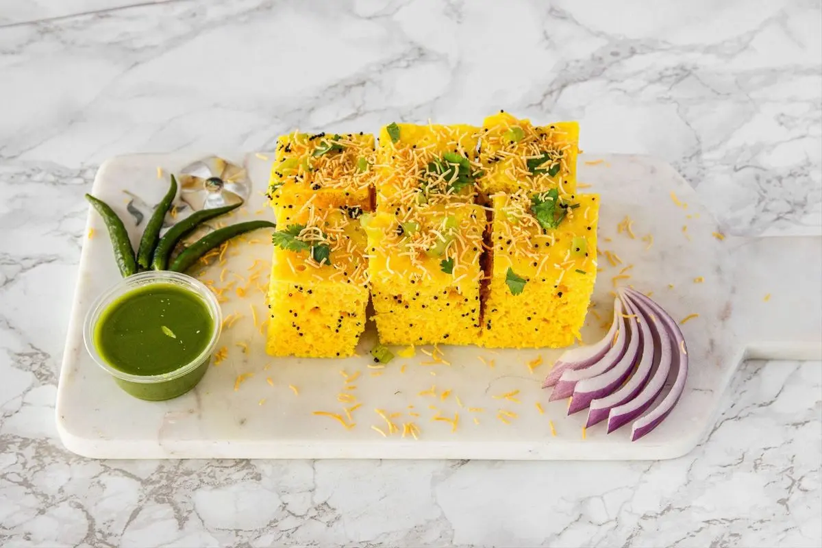 Khaman - Gujarati steamed snack at Gujju Galli Winnipeg